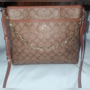 Coach Signature Brown Crossbody Bag with Gold Chain. F 34938